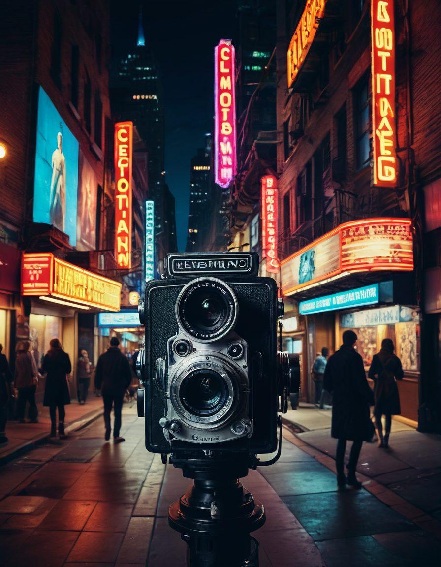 A vintage film camera capturing a vibrant cityscape at dusk, with neon lights illuminating hidden alleys and secret theaters. Include silhouettes of film enthusiasts exploring underground cinema, surrounded by movie posters and art. The atmosphere should evoke a sense of adventure and discovery, highlighting the essence of cinematic storytelling. cinematic, vintage style, vibrant colors, moody lighting.