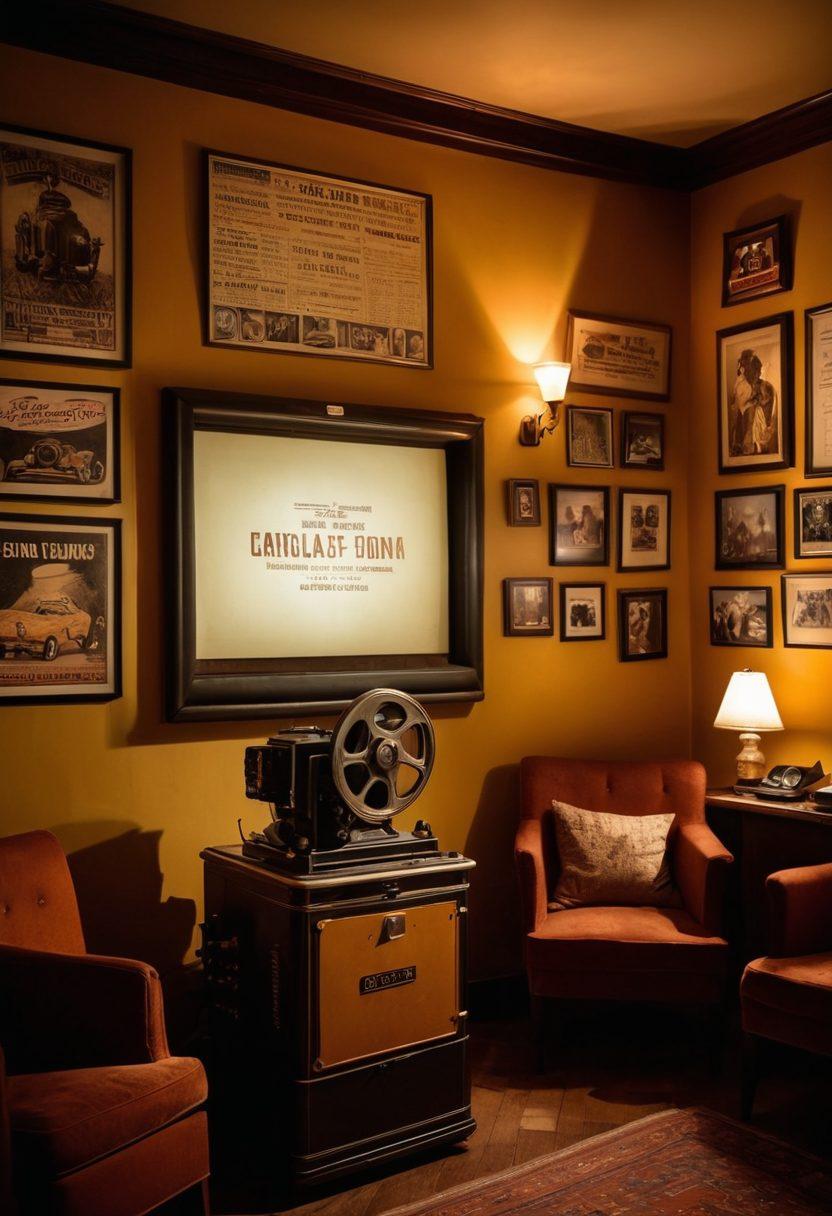 A mysterious dimly-lit cinema filled with eclectic indie film posters adorning the walls, an old film projector casting warm light onto a vintage screen displaying snippets of hidden cinematic gems. Audience members, diverse in age and expression, captivated and absorbed in the storytelling atmosphere. Soft shadows create an inviting yet enigmatic mood, with artifacts and film memorabilia scattered throughout. painting. warm tones. vintage style.
