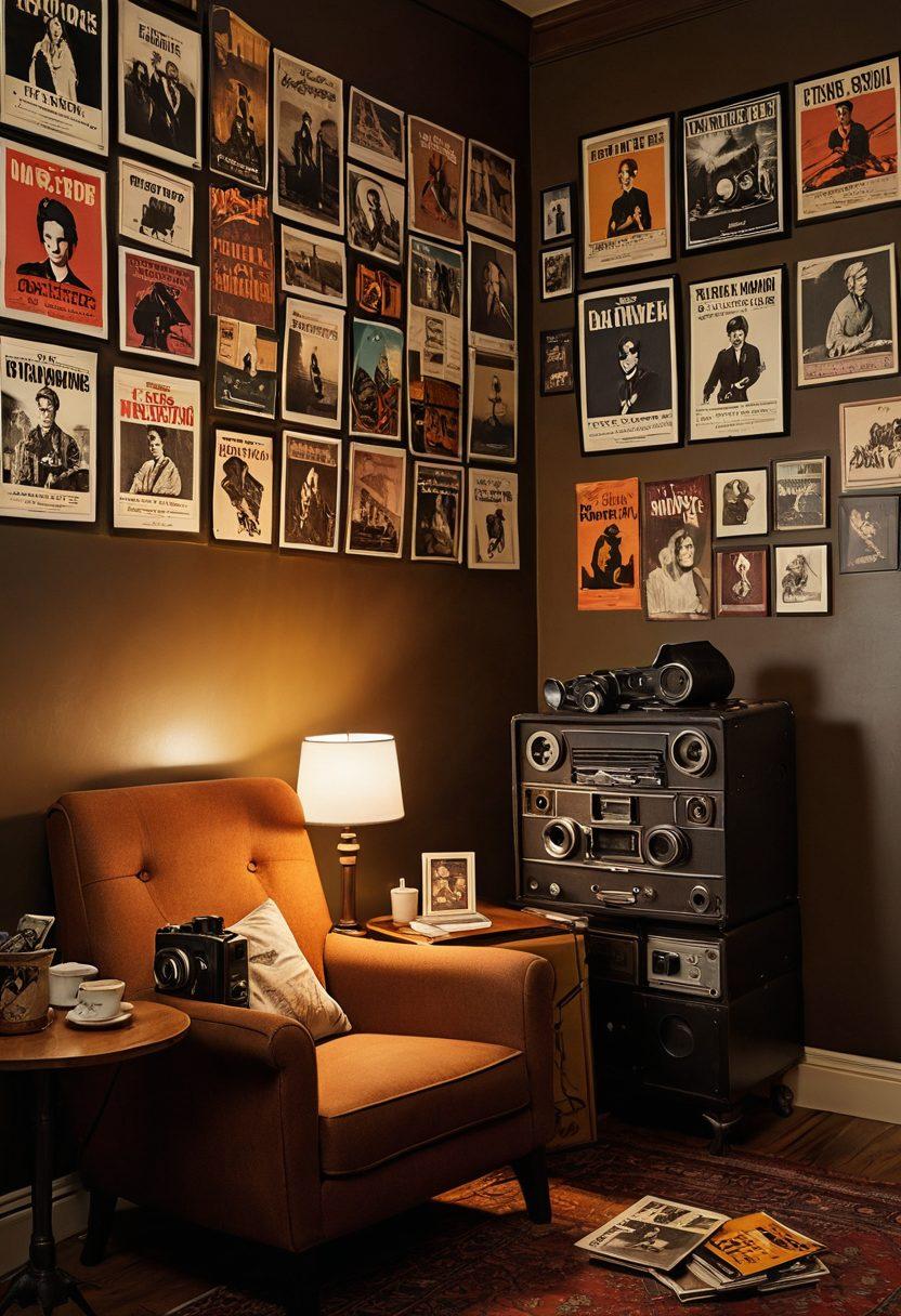A cozy, dimly-lit room filled with vintage film posters and a plush armchair, a small table with a steaming cup of coffee beside a stack of indie film DVDs. A projector casting an engaging scene on a blank wall, with subtle hints of classic cinema, like film reels and an old camera. The ambiance should evoke a sense of warmth and nostalgia, inviting viewers to immerse themselves in the world of indie films and their hidden narratives. super-realistic. warm colors. cozy atmosphere.